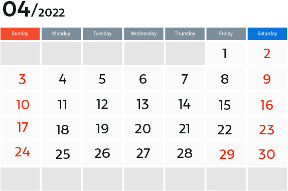トプコン営業日カレンダー（4月）