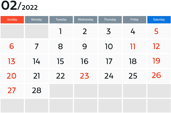 トプコン営業日カレンダー（2月）