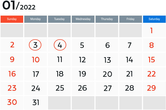 トプコン営業日カレンダー（1月）