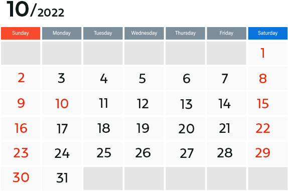 トプコン営業日カレンダー（10月）